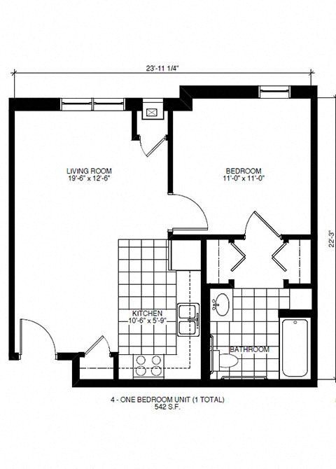 Floor plan for 1 bed, 1 bath, 553 sqft